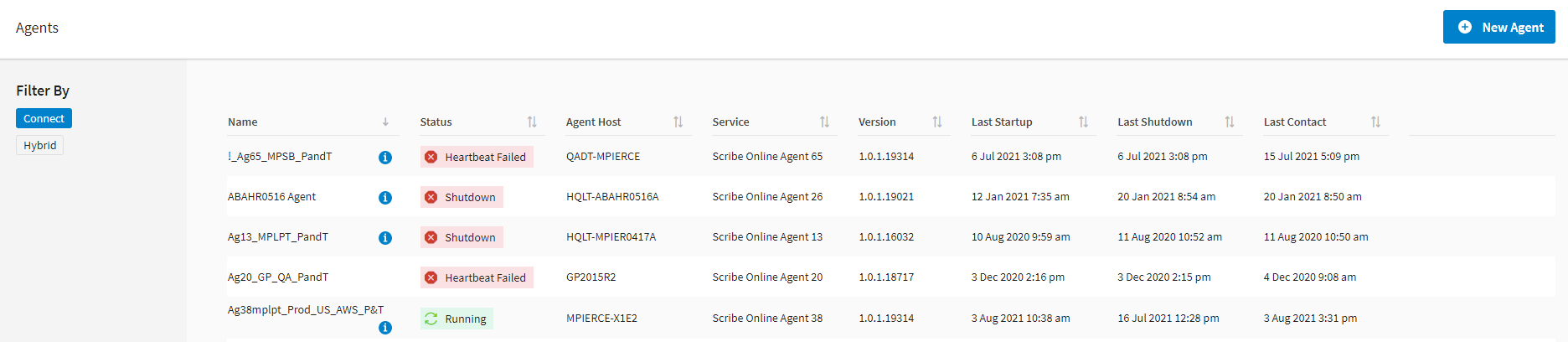 Agent page displaying all installed agents for selected organization
